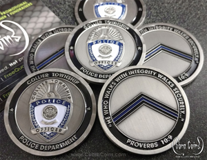 Collier Township Police Department coin Proverbs 10:9
3D Badge Front and 2D Back Wave Edge cuts Antique Silver cobra coins cobracoins.com